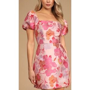 So Stunning Lulu's Pink Floral S Jacquard Puff Sleeve Mini Dress Brunch Party